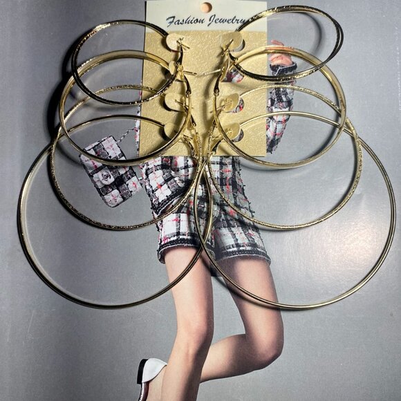 4 Pairs Set Of Hoop Earrings Iron 18K Gold Plated Jewelry Simple Classic Style - Picture 2 of 4